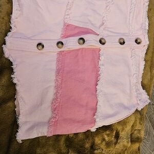 Source Unknown Two-Tone Pink Patchwork Frayed Button-Front Mini Skirt